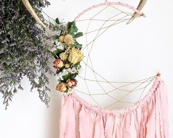 Pink Moon Dream Catcher with Dried Flowers