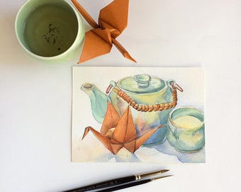 Green tea for one (origami crane painting no 15) - original painting - watercolour on paper 5x7 inches