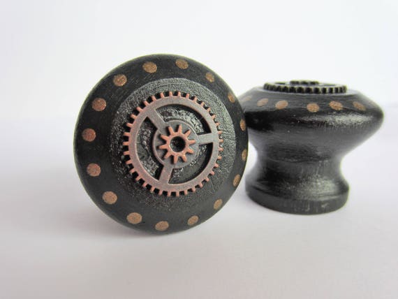 Cabinet Knobs, Drawer pulls, black knobs, black home decor, gear decor, steampunk decor, hand painted drawer pulls, painted home decor by KanderaStudio steampunk buy now online