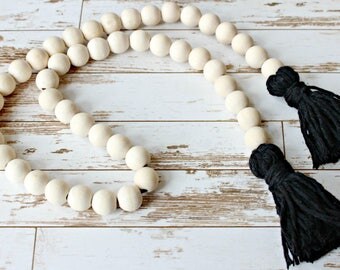 Scandinavian Nursery Decor, Bead and Tassel Garland, Minimalist Decor, Shelf Decor, Wood Bead Garland, Modern Nursery, Nursery Garland