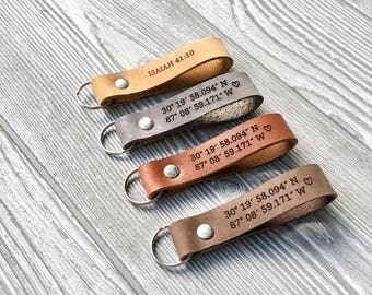Custom Leather Keychain, Latitude longitude, 3 Year Anniversary, Bridesmaids, Coordinate, Gift for her, Personalized keychain, bible verse
