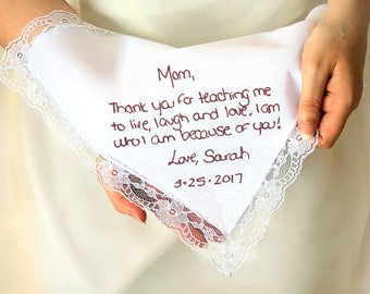 Mother of the bride handkerchief - Custom handwriting gift - Wedding handkerchief - Personalized handkerchief - Wedding keepsake gift