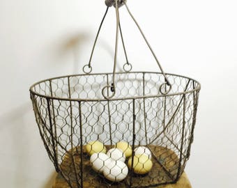 Wire Basket with Handles Vintage Egg Gathering Harvest Basket Chicken Wire with Wood Handles Rustic Cottage Farmhouse Decor