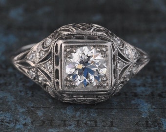 Art Deco Engagement Ring-Edwardian Engagement Ring-1920s Engagement Ring-Antique Deco Diamond Ring-Old Mine Cut Diamond Ring-14k White Gold