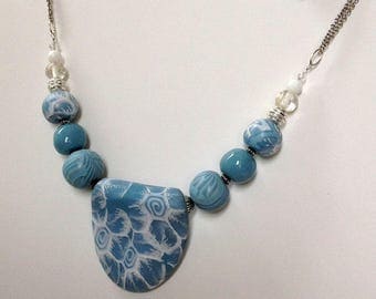 Necklace, polymer clay, blue, white, Oval Pendant