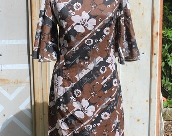 70's Brown Floral Bell Sleeve Sundress -S