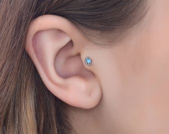 Surgical Steel Tragus Earring with Opal stone - works as nose stud, cartilage earring, conch piercing