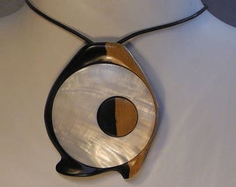 Necklace contemporary carved ebony wood and inlaid with MOP, "fish eye" 3
