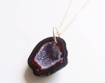 SALE Burgundy Geode Druzy Necklace Gold OOAK