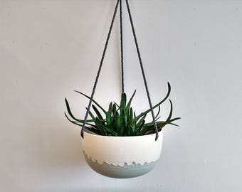 Large hanging planter. Ceramic plant hanger, succulent pot, terrarium. Modern plant holder. Turquoise and white.