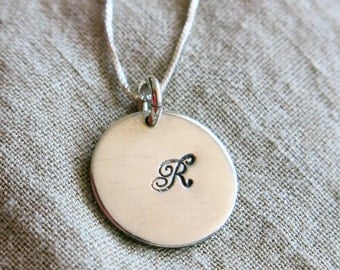 Charmed Silver Necklace, Initial Pendant, Disc Charm, Personalized Monogram, Handmade, Tag Charm, Silver Jewelry, Venexia Jewelry