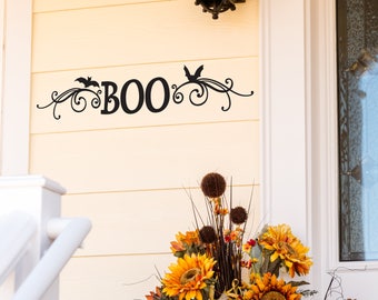 Front Door Halloween Wall Decal - Boo Door Decal - Halloween Wall Decal - Cute Boo with Bats and Scrolls - WB-905