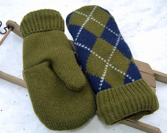 Men's Lambswool Argyle Mittens, Upcycled Sweater Mittens, Upcycled Mittens, Green Argyle Felted Mittens, Warm Winter Mittens, Teacher Gift