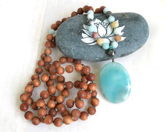 Amazonite Sandalwood Mala Beads, Earthy Mala Necklace, 108 Mala Bead Necklace, Yoga Meditation Beads, Yoga Jewelry, Hand Knotted Mala