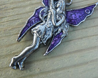 Enameled Purple Winged Fairy Pendant in silver