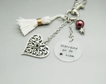 porte clé liberty cabochon "Super Marraine" coeur clef personnalisable