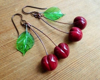 Morello cherry earrings, 40's 50's inspired fruit earrings, lampwork earrings, niobium ear-wires.
