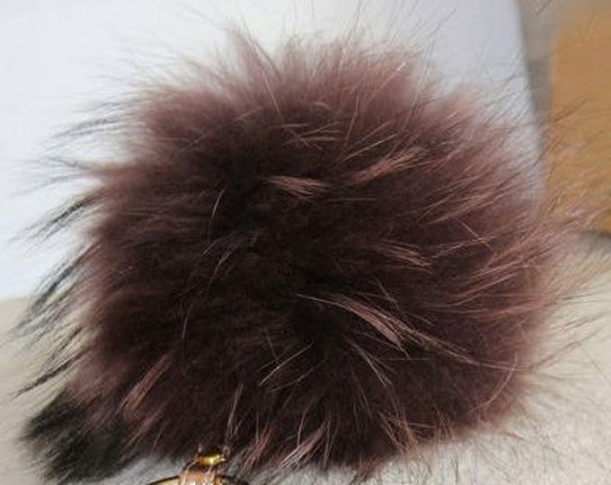 Brown Raccoon Fur Pom Pom luxury bag pendant + leather strap metal buckle key ring chain bag charm BROWN