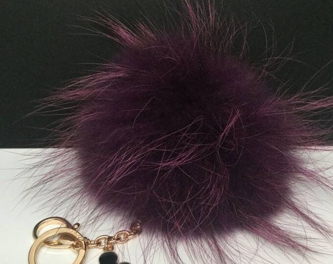 Raccoon Fur Pom Pom luxury bag pendant + flower keychain ring chain bag charm in purple