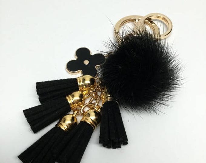 Cute Genuine Mink Fur Pom Pom Keychain with suede tassels and flower charm in Black