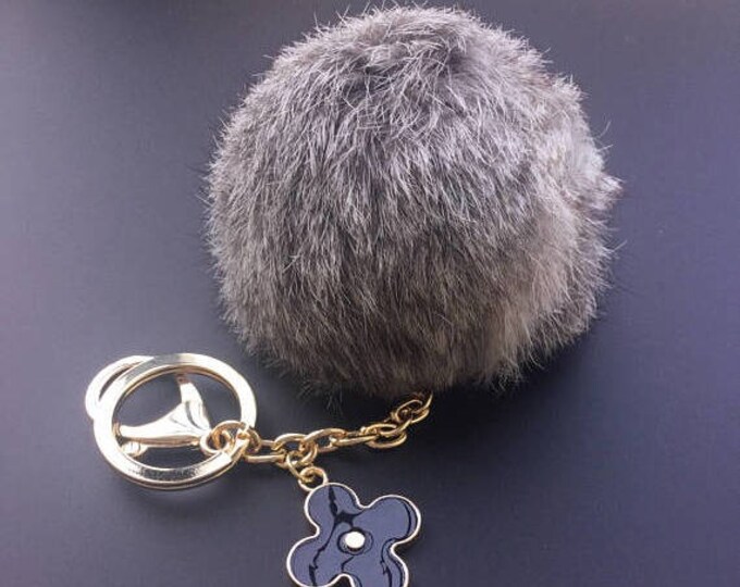 Natural Gray Rabbit fluffy ball furkey fur ball pom pom keychain for car key ring Bag Pendant