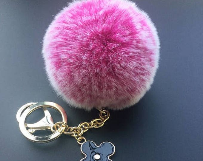 Hot Pink Frosted Rabbit fluffy ball furkey fur ball pom pom keychain for car key ring Bag Pendant