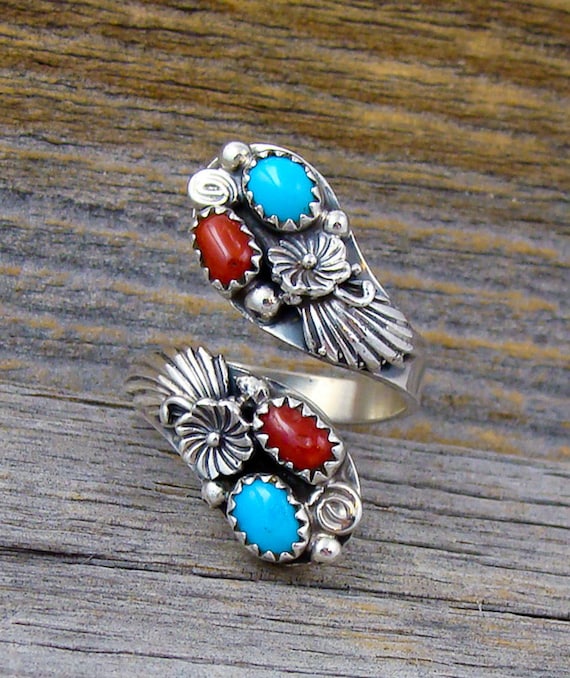 Navajo Silver Floral Turquoise Coral Adjustable Ring Size 7-8.5, Navajo Silver Ring, Turquoise Women's Ring, Vintage Gift Jewelry, #Etsy USA
