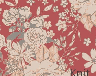 Floral Universe Auburn in Knit from Art Gallery -Floral on salmon pink - Jersey KNIT cotton stretch fabric - Choose length