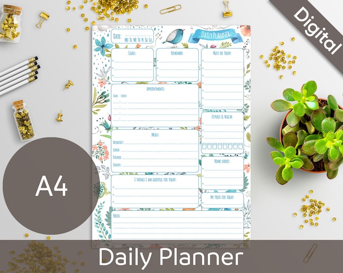 Daily Planner Printable, Printable Daily Schedule, A4 size, Arinne Blue Bird, Day On One Page, DIY Planner Pages PDF Instant Download