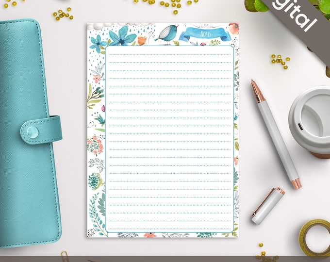 A5 Notes Printable, Filofax A5 printable refills, Lined & Blank Notes, Memo, Arinne Blue Bird DIY Planner PDF Instant Download