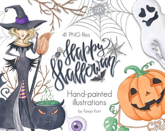 Autumn Clipart, Halloween Clipart, Hand-painted Clipart, October Clipart, Witches clipart, Pumpkins clipart, Halloween girls, Autumn Girl