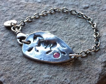 Equestrian Bracelet, Dressage Bracelet, Silver Horse Bracelet, Ruby Bracelet, Sterling Silver Bracelet, Silver Chain Bracelet