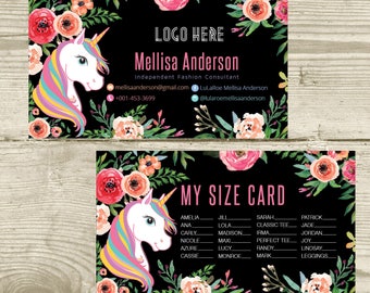 PRINTABLE My Sizes Card Size Cards Business Card Business Cards Home Office Approved Colors, Unicorn and Flowers, Digital File LLR031