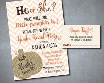 Fall Gender Reveal Invitation..."Little Pumpkin" with matching Diaper Raffle Ticket/Digital files or printing/wording can be changed