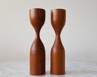 Danish Modern Solid Teak Candlestick Holder Set Of 2 Mid Century Modern Scandinavian Teak Decor 1960's Wooden Candle Holder Set