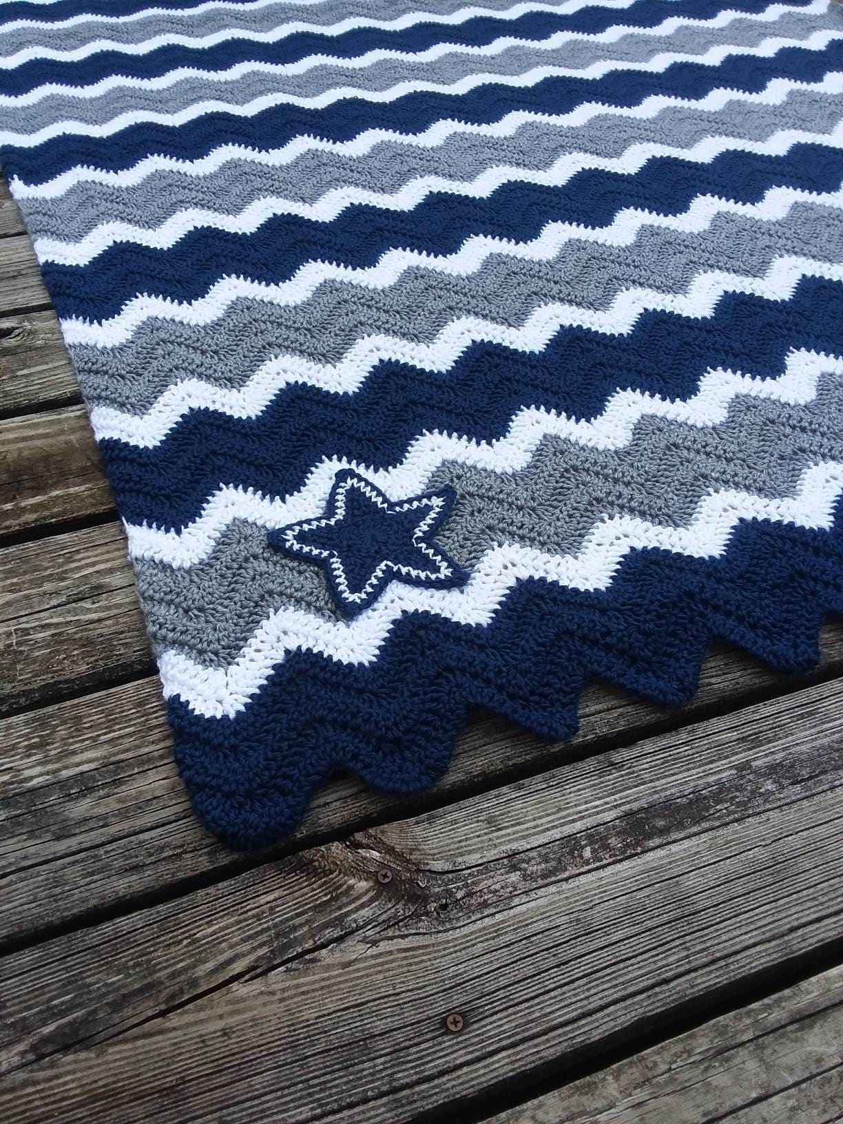 Dallas Cowboys Crochet Chevron Blue Grey and White Blanket