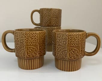 Vintage 1970s Floral Design Stackable Coffee Mugs Set of 4 Ceramic Mustard Brown
