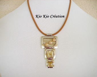 Necklace, pendant suspension square and rectangle, pearly beige, ceramic cabochon bronze, cord covered with satin, chain, extension, golden metal.
