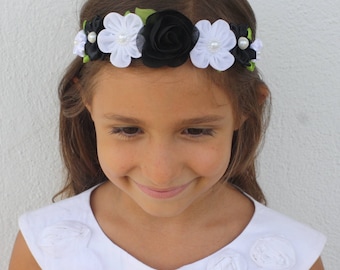 white and black flower plastic headband, multiple flower girl headband, satin- felt flowers headband, girl hair flower, multiple white black