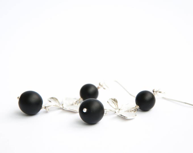 Shungite earrings, Black stone earrings, Women black earrings, Shungite jewelry, Black beaded earrings, Silver and black earrings