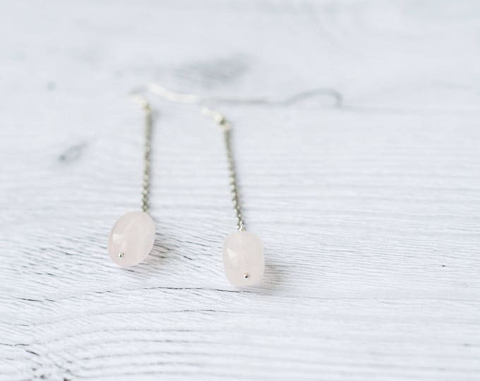 Rose quartz earrings, Very long dangle earrings, Long chain earrings, Candy earrings / 925 sterling silver ear wires