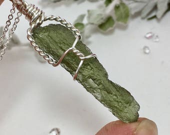 Moldavite Pendant - Sterling Silver Wire Wrap Pendant- Raw Moldavite Jewelry - Moldavite Tektite Jewelry