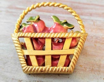 VINTAGE Apples in a Basket Brooch/Pin-Enameled-Red, Gold, Green-Fall, Autumn, Fruit, Food-All Orders Only 99c Shipping!!