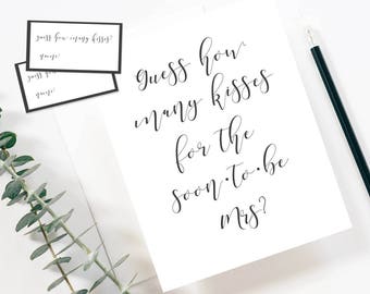 Guess How Many Kisses, How Many Kisses Game, Bridal Shower Printables, Bridal Shower Games, Modern Shower Game, Black and White Shower Game