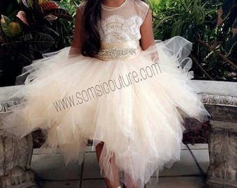 flower girl dress 'Bianca' with rhinestone sash, tan sheer netting, French lace, pouffy butterscotch tulle skirt, birthday dress