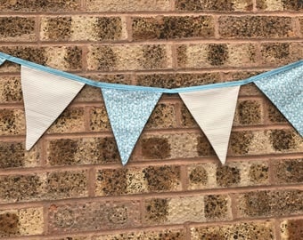 Handmade Bunting Blue Floral and Grey Stripes