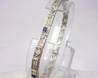 14K White Gold Vintage Sapphire Bracelet 7.25", 4.6mm, 7.9 grams, 1920s Art Deco