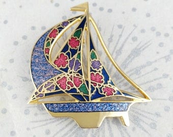 Cloisonne Boat Brooch - Enamel Boat Brooch