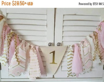 15% off Blush Pink and Gold Banner, 1st Birthday party Decor Smash Cake Photo High Chair Banner Age on Canvas Flag Matching fabric tutu Room