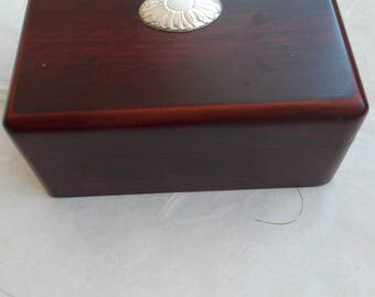 Burr Walnut wood jewelry box with vintage silver plate